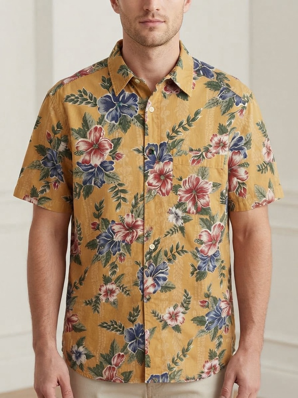 Tommy Hilfiger Hibiscus Tropical Camp Collar Shirt Mustard Yellow Ribbed
